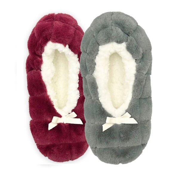 Brookstone Women's Soft and Cozy Slipper Socks with Anti-Slip Grip Burgandy/Grey - Picture 2 of 4
